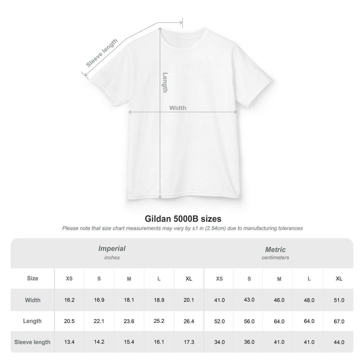 A Gildan 5000B size chart