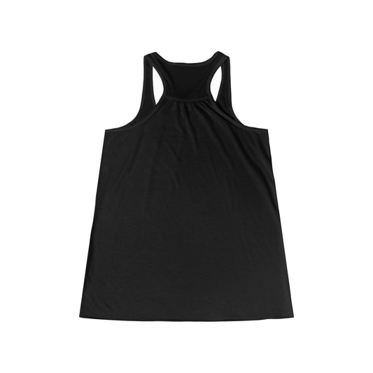 the backside of a black racerback women's tank top