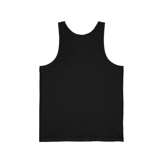 the back view of a black unisex tank top
