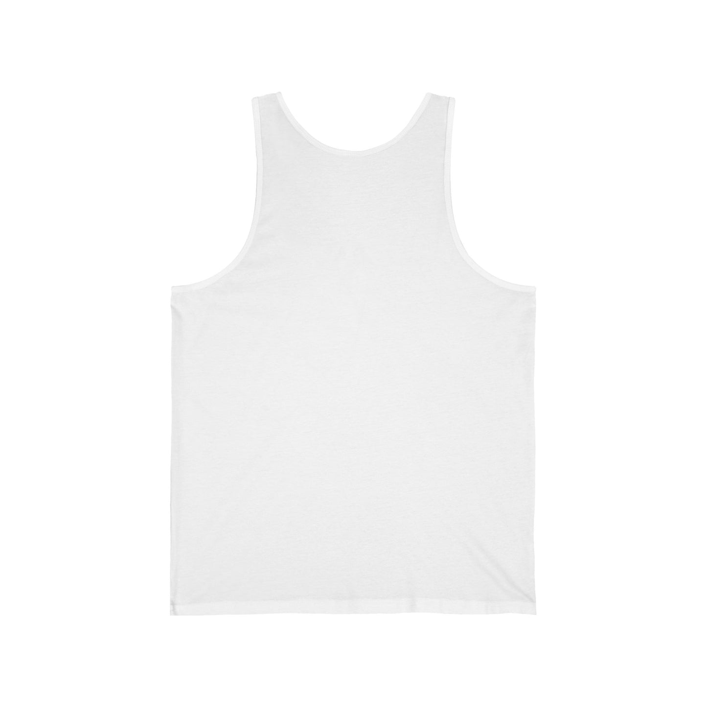 a back view of a white unisex tank top