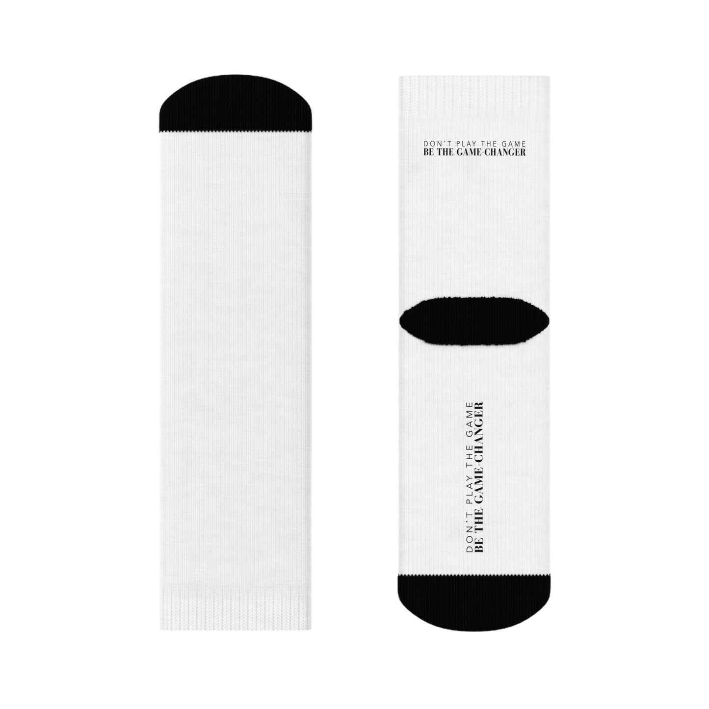 white socks with black accents on the toes and heel and black text on the back and bottom of the sock that says don't play the game be the game-changer
