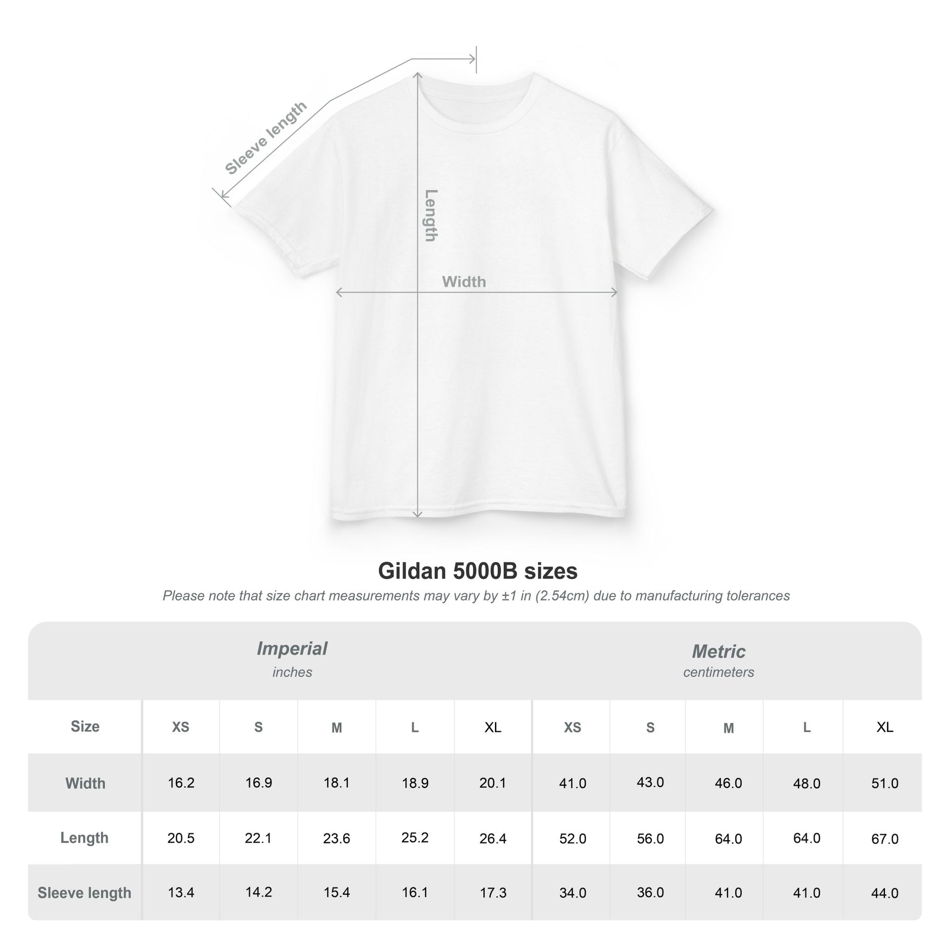 A Gildan 5000B size chart