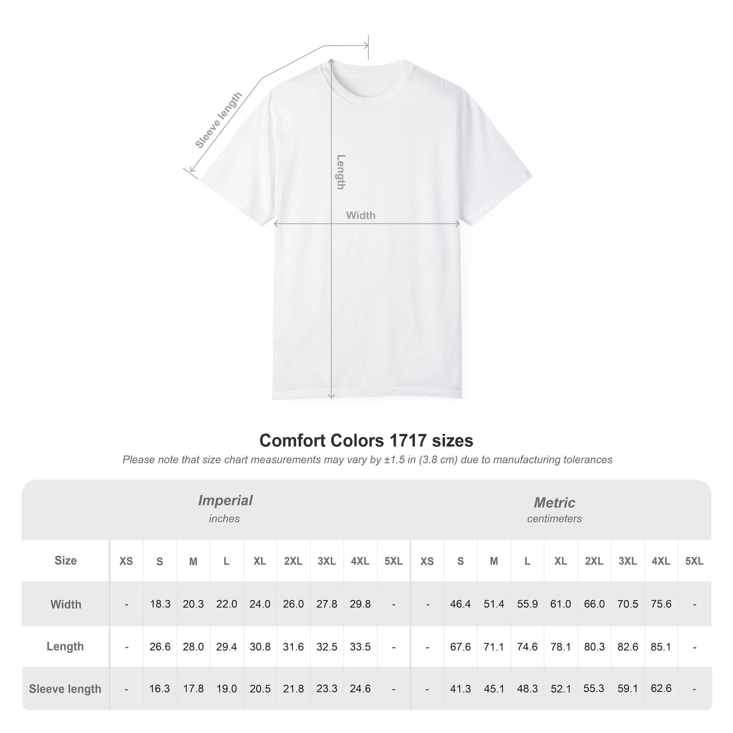 A Comfort colors 1717 size chart 
