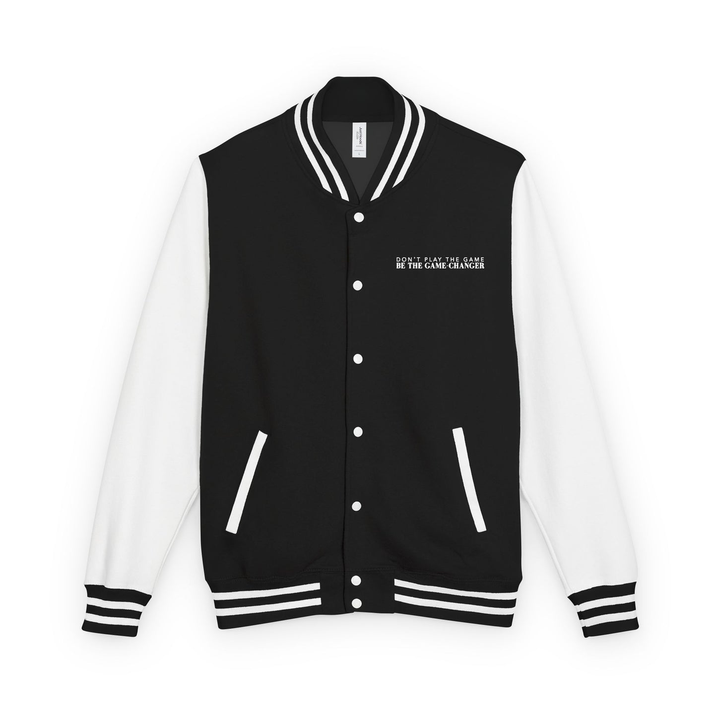 A varsity jacket with white leather sleeves with black and white striped accents, a black fabric body with black and white striped accents on the collar and bottom of the jacket and white pockets and buttons with don't play the game be the game-changer written in white text across the left chest 