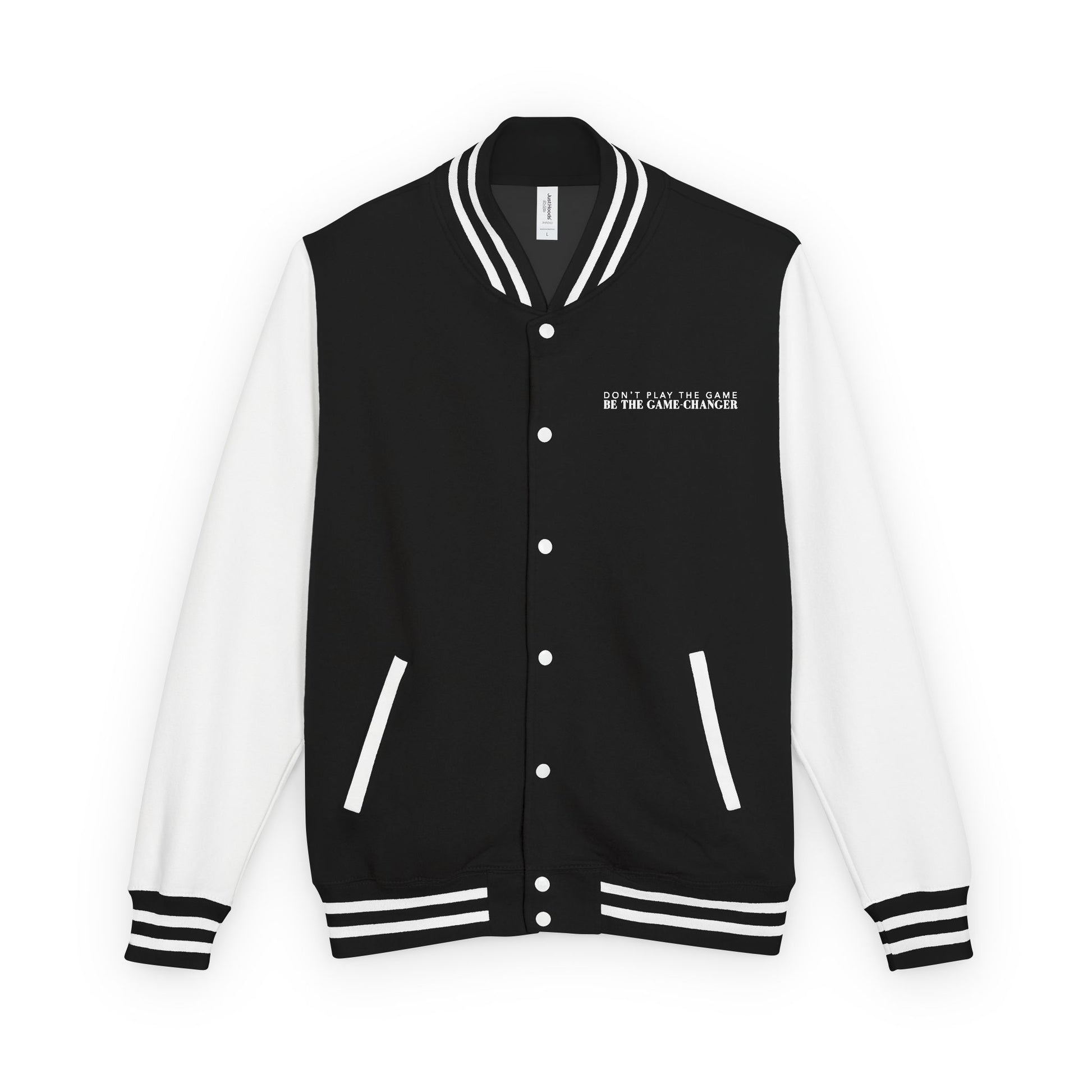 A varsity jacket with white leather sleeves with black and white striped accents, a black fabric body with black and white striped accents on the collar and bottom of the jacket and white pockets and buttons with don't play the game be the game-changer written in white text across the left chest 