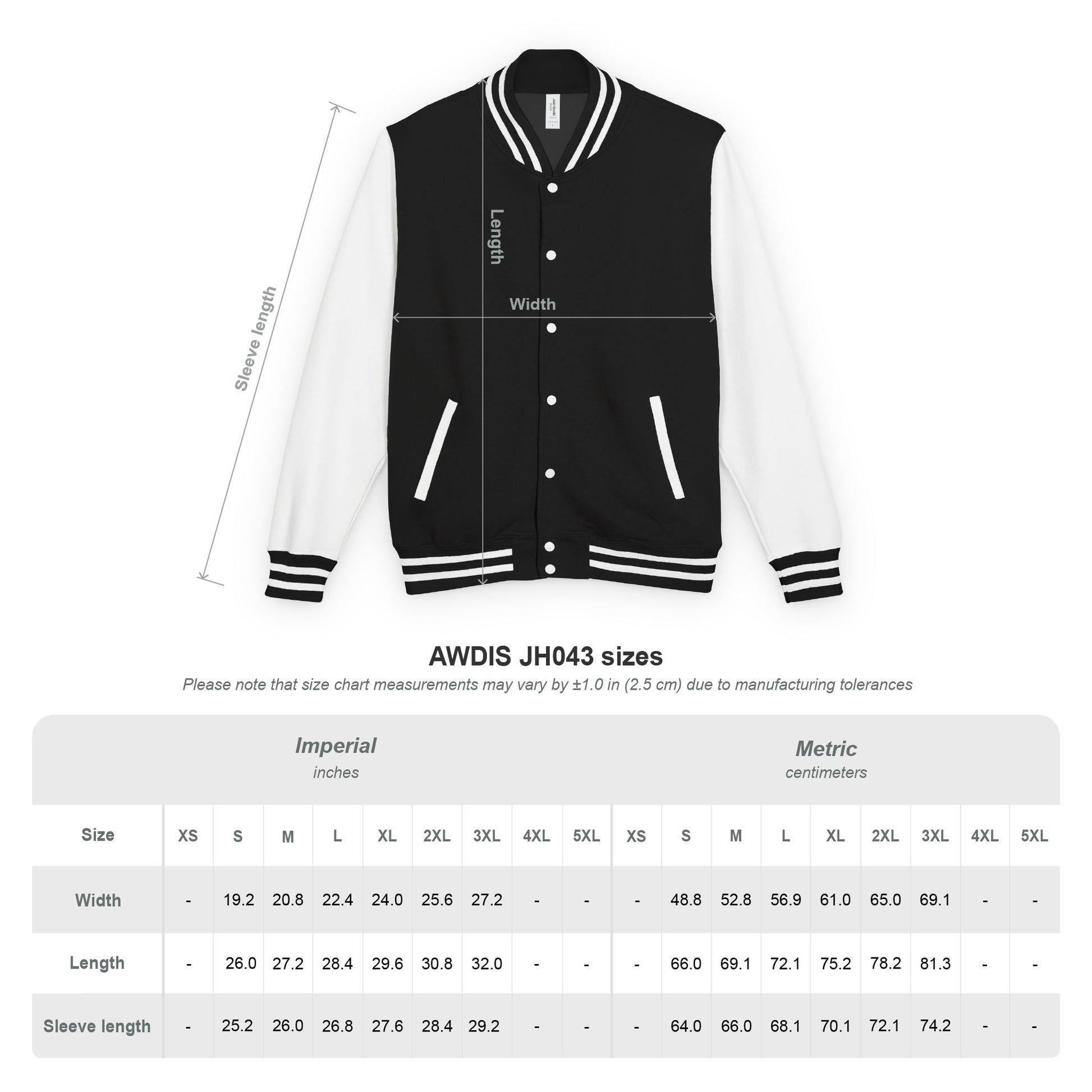 AWDIS JH043 Size chart