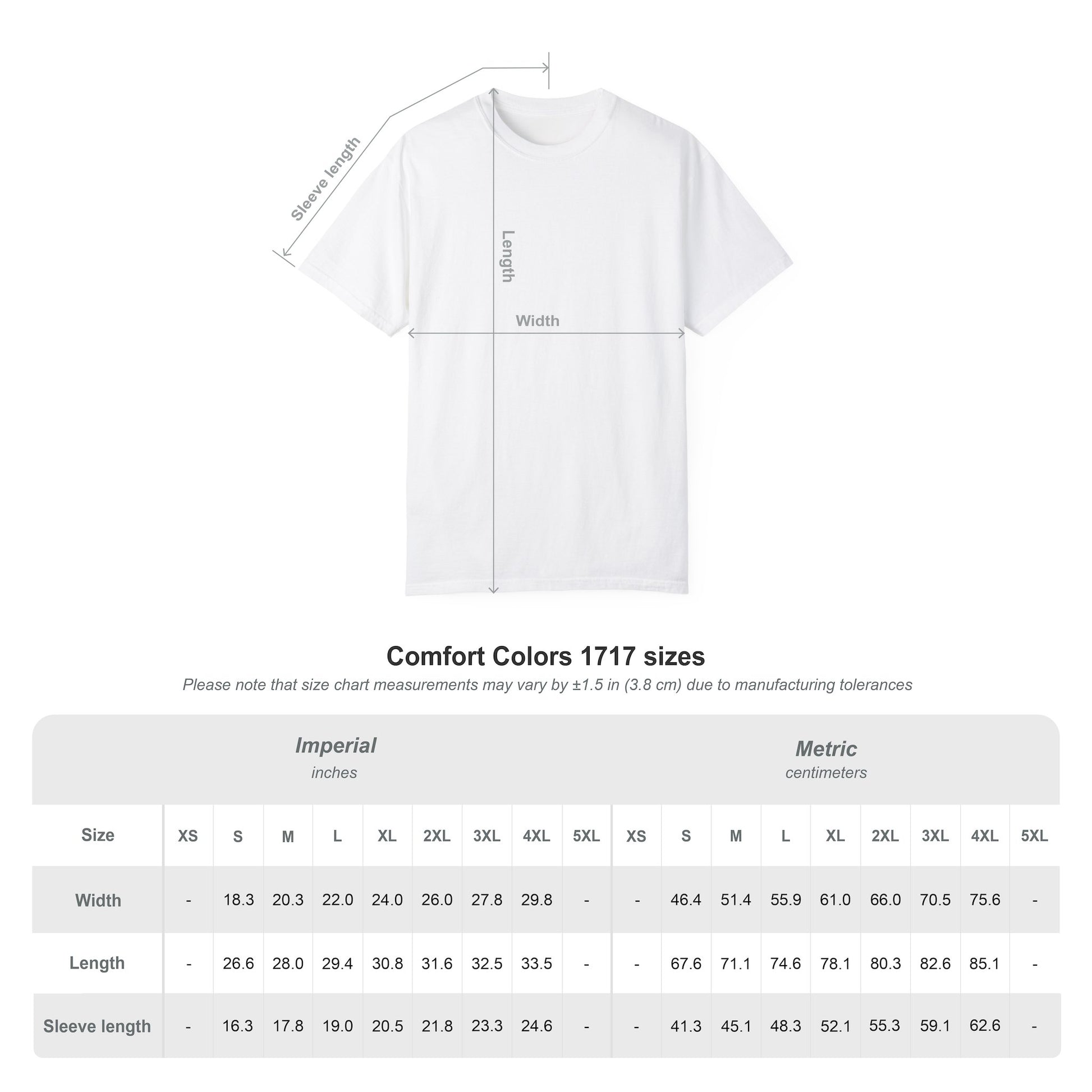 A Comfort Colors 1717 size chart 