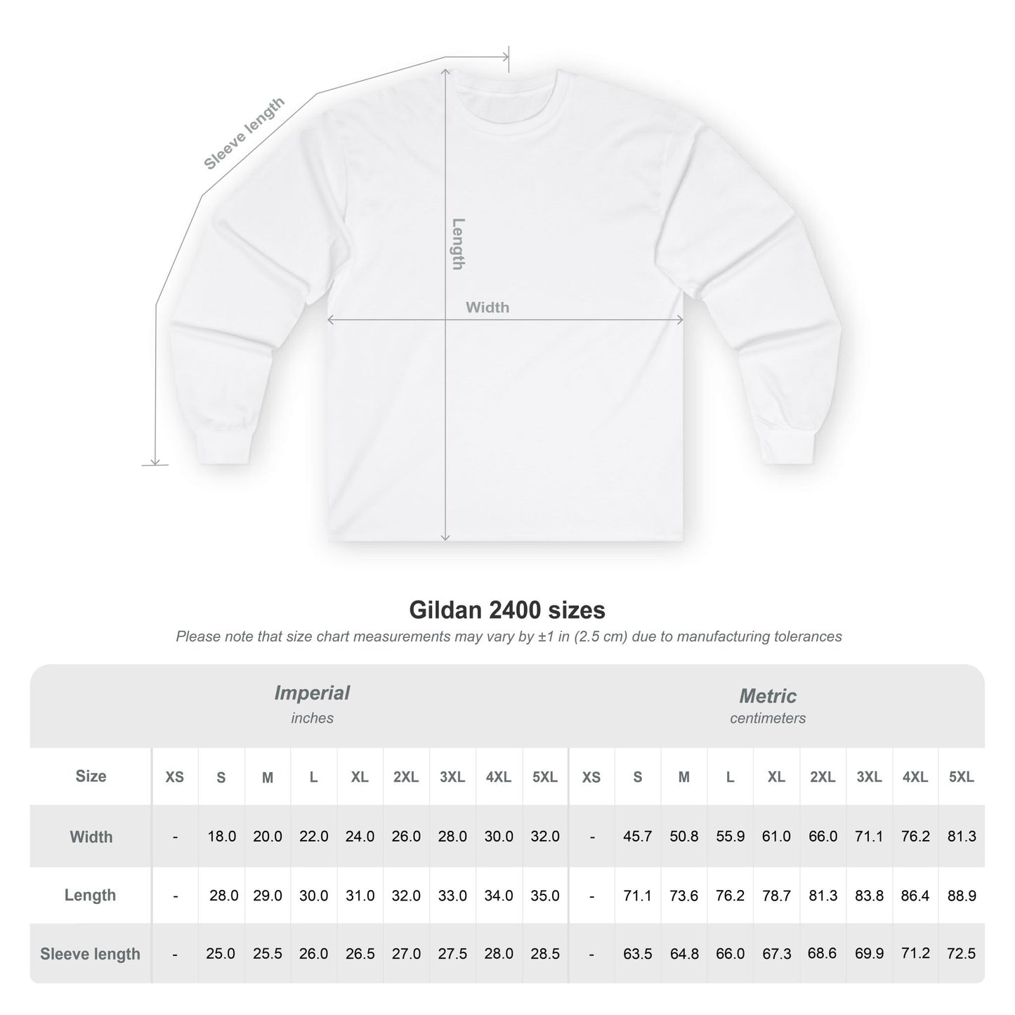 A Gildan 2400 size chart with imperial and metric measurements