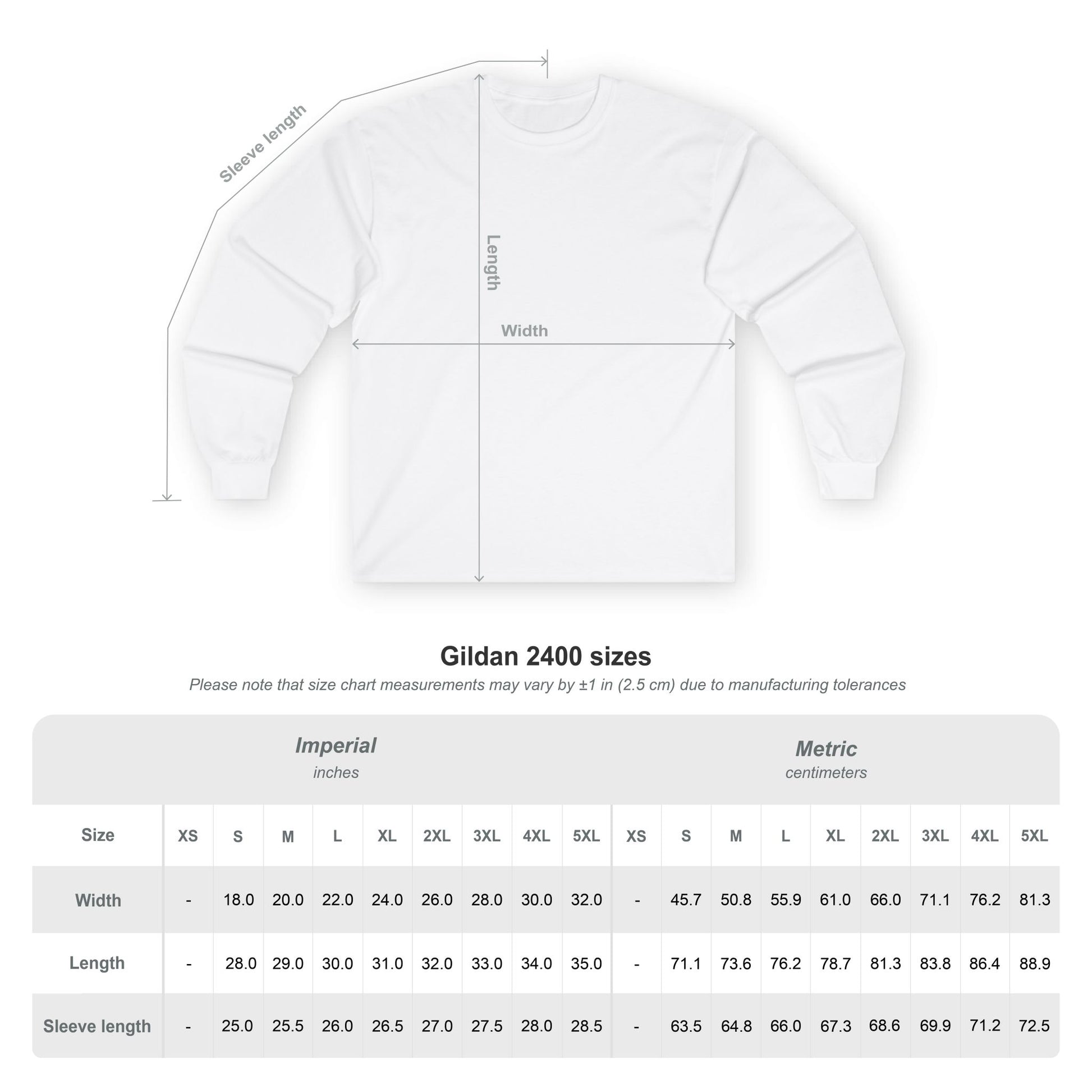 A Gildan 2400 size chart with imperial and metric measurements