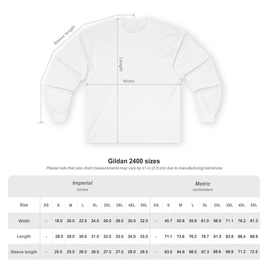 A Gildan 2400 size chart with imperial and metric measurements