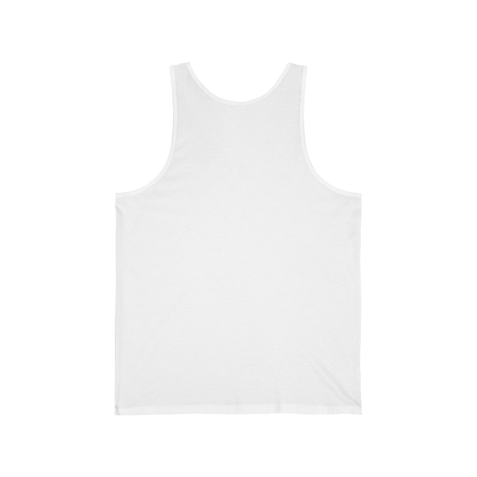 a back view of a white unisex tank top